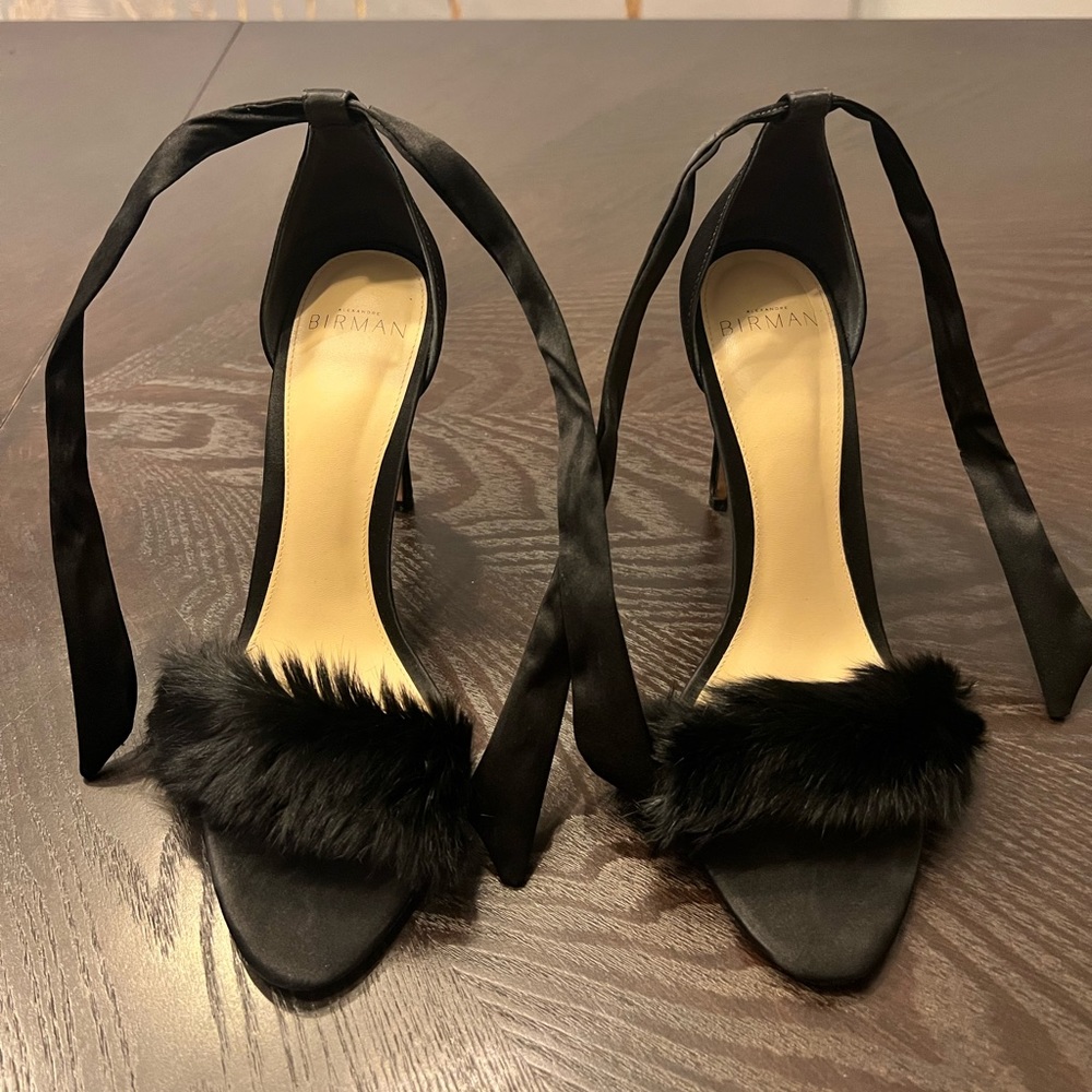 Alexandre Birman Black Fur Satin Sandals Ankle Tie 38